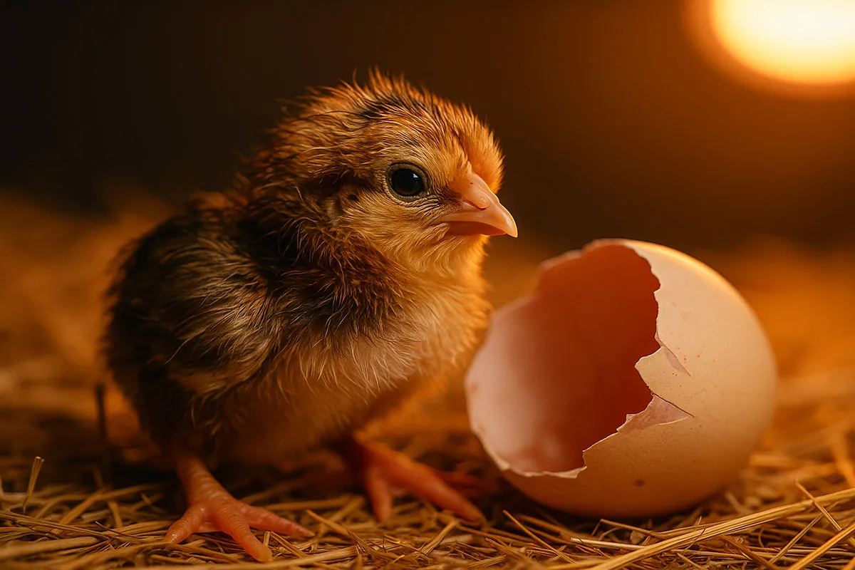 ลูกไก่ชนแรกเกิดเพิ่งออกจากเปลือกไข่ในตู้กกที่อบอุ่น