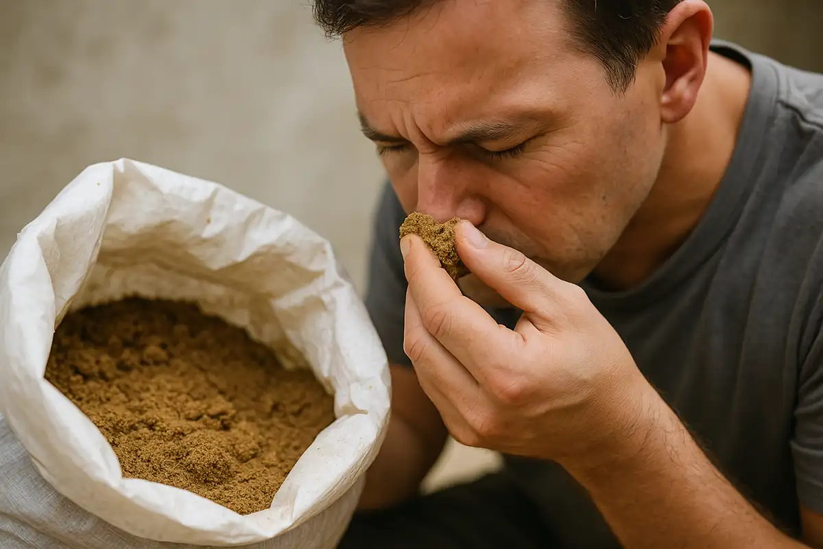 ถุงรำข้าวเก่าที่เปิดค้างไว้ คนเลี้ยงกำลังดมเพื่อตรวจสอบกลิ่นเหม็นหืน