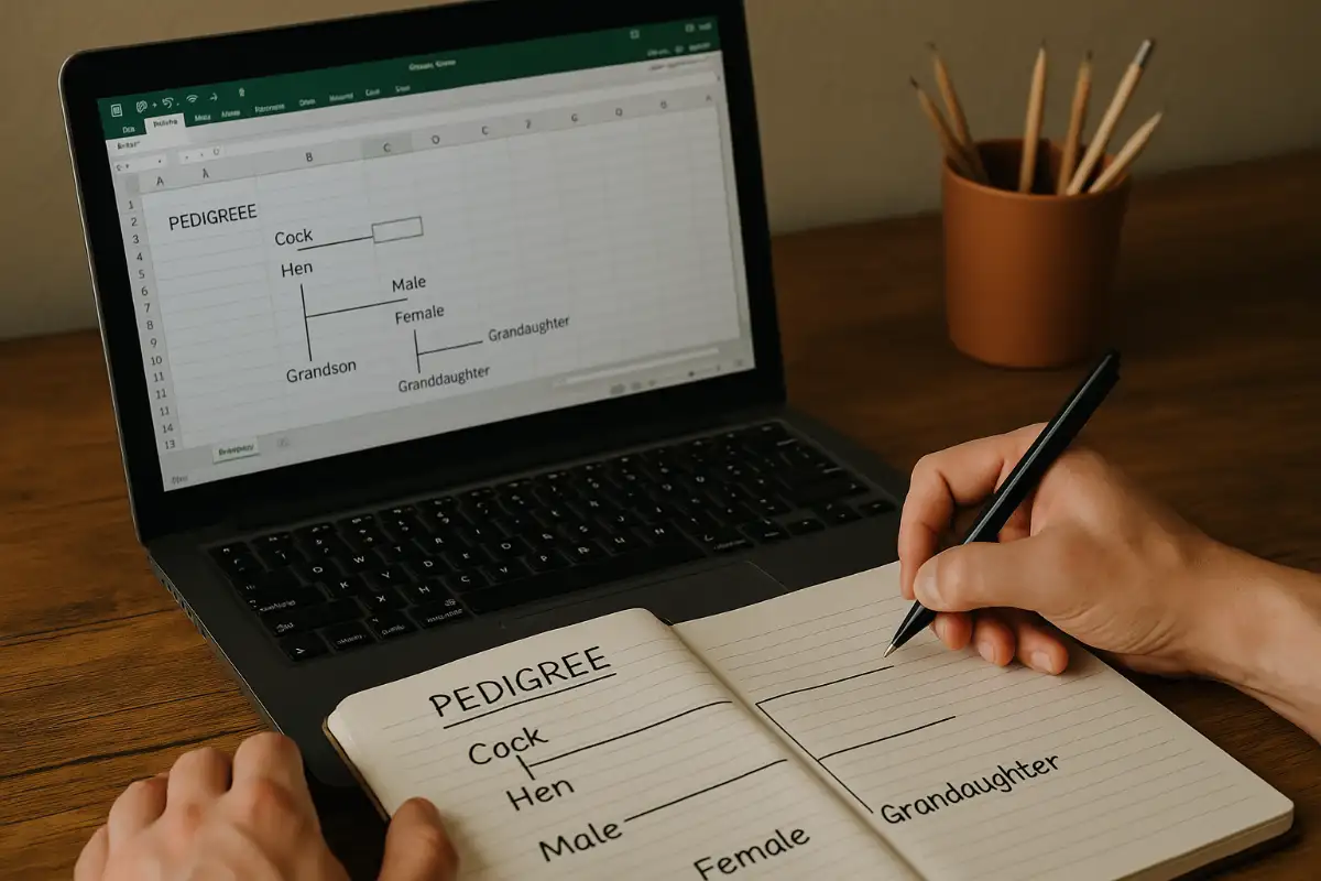 เจ้าของฟาร์มกำลังบันทึกประวัติสายพันธุ์ไก่ชนลงในสมุดหรือ Excel