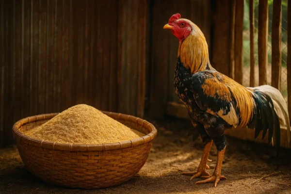 ภาพรำข้าวในกระบุงไม้และพ่อพันธุ์ไก่ชนยืนอยู่ข้าง ๆ ภายในซุ้มเลี้ยง บรรยากาศพื้นบ้านอบอุ่น