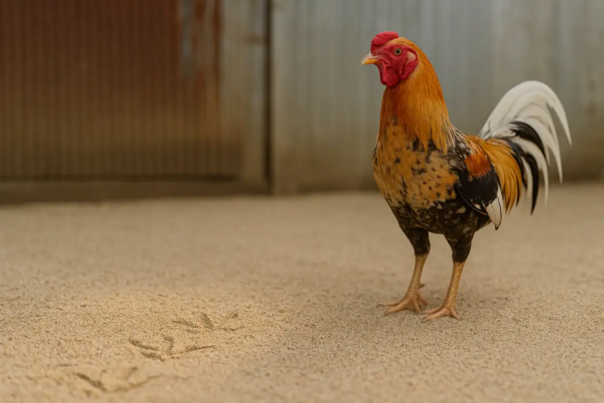 การโรยแกลบลงบนพื้นทรายในเล้าไก่ชน เพื่อผสมวัสดุรองพื้นให้ระบายน้ำและเพิ่มความนุ่ม
