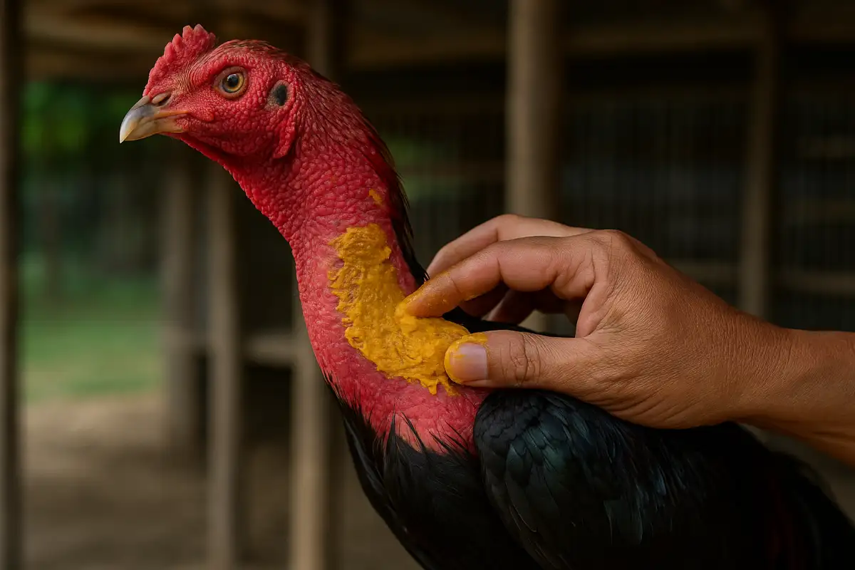 เลี้ยงกำลังทาขมิ้นสดลงบนผิวไก่ชน เพื่อบำรุงผิวให้หนาและแข็งแรงเหมือนเกราะธรรมชาติ