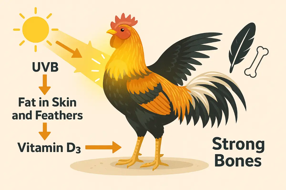 อินโฟกราฟิกอธิบายกลไกการสังเคราะห์วิตามินดีของไก่ชนเมื่อได้รับแสงแดด UVB