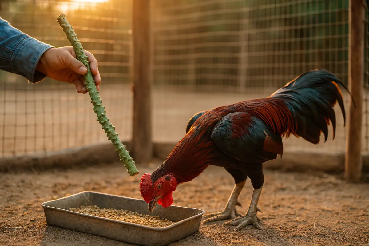 ไก่ชนสุขภาพดีในคอกสะอาด เจ้าของถือเถาบอระเพ็ด สื่อถึงสมุนไพรธรรมชาติที่ช่วยบำรุงร่างกายไก่ชน