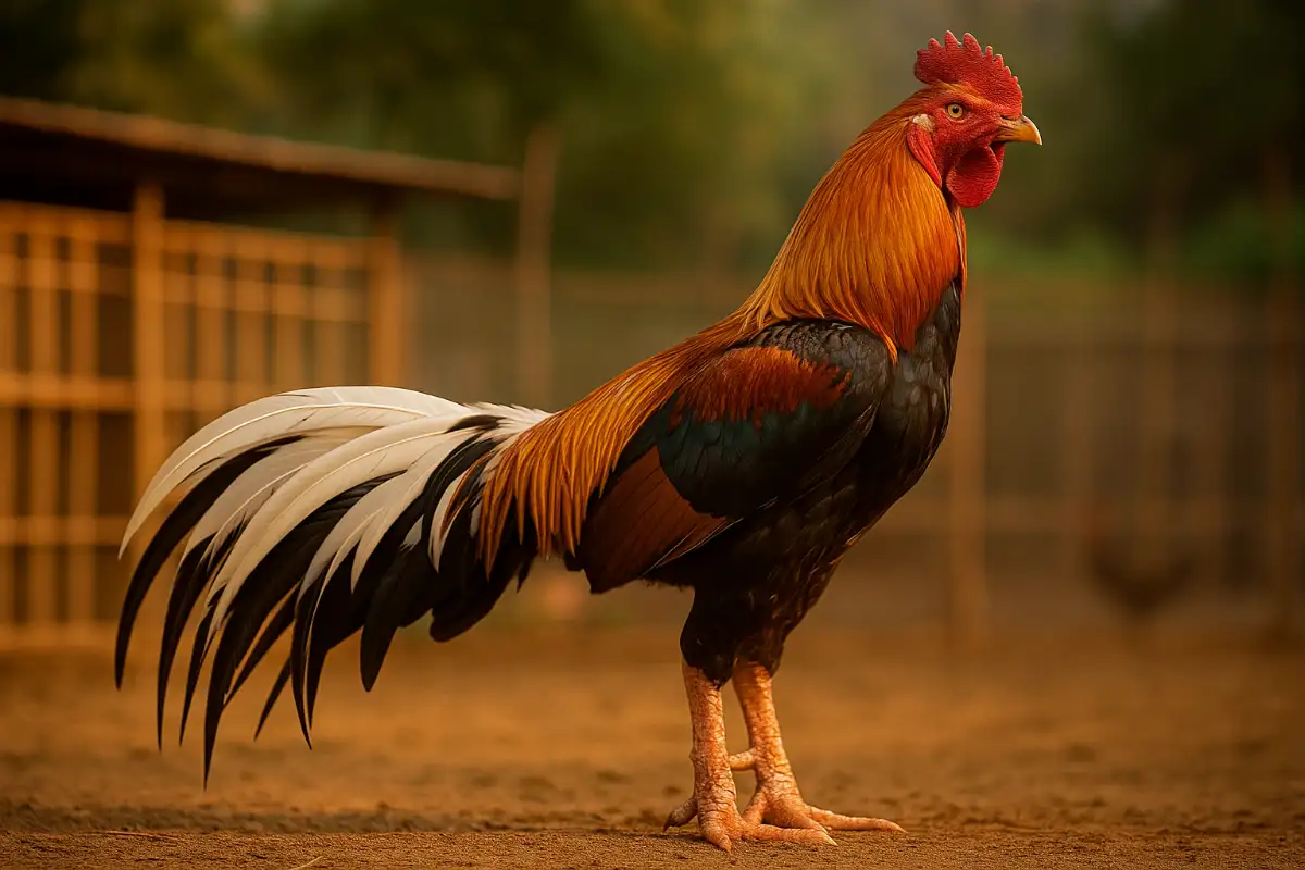 ไก่ชนยืนจ้องคู่ต่อสู้อย่างมั่นคง สื่อถึงหัวใจที่ไม่ยอมแพ้