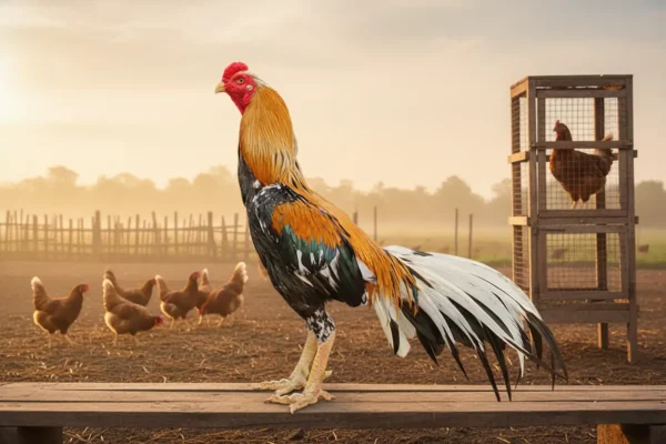 พ่อพันธุ์ไก่ชนยืนเด่นกลางคอก โดยด้านหนึ่งมีแม่ไก่ปล่อยฝูง และอีกด้านหนึ่งเป็นกรงผสมเดี่ยว สื่อถึงการเลือกวิธีผสมพันธุ์