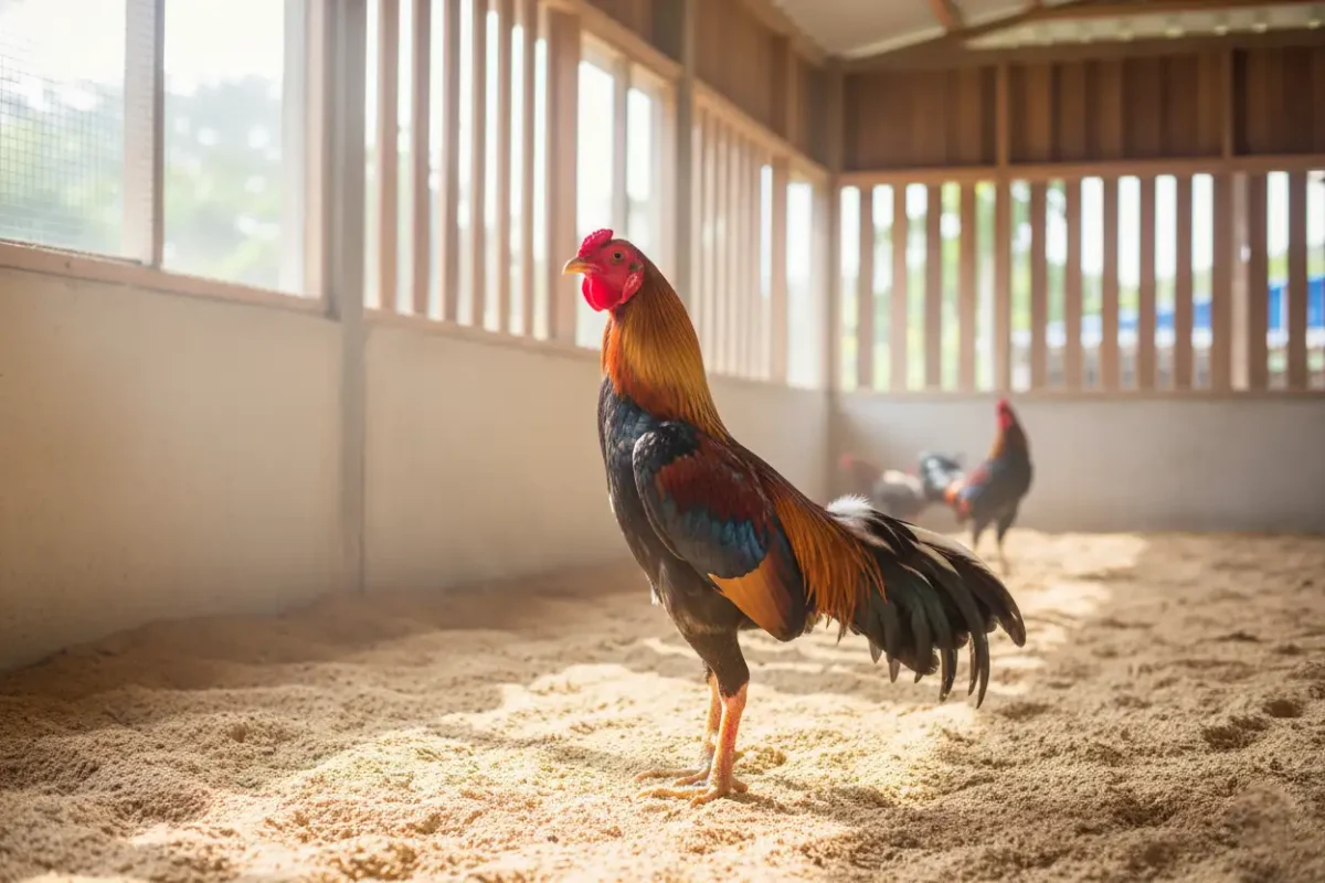 เล้าไก่ชนที่แห้งและอากาศถ่ายเทดีช่วยป้องกันอาการคอดังและคอครอกในไก่ชน