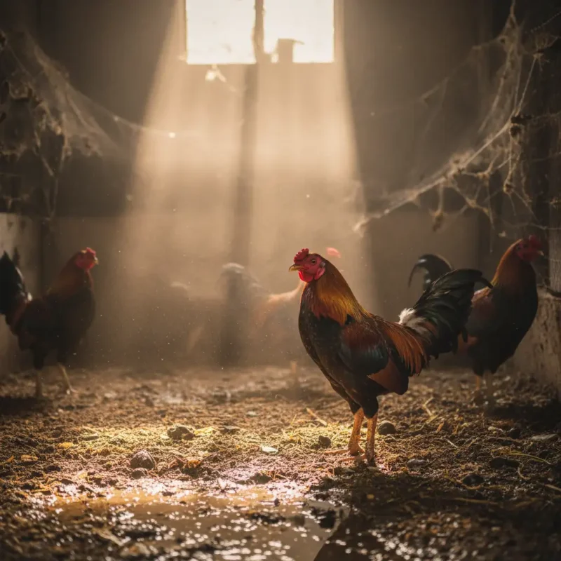 เล้าไก่ที่ชื้นและมีฝุ่น ไก่ชนยืนอยู่และเริ่มมีอาการตาแดง
