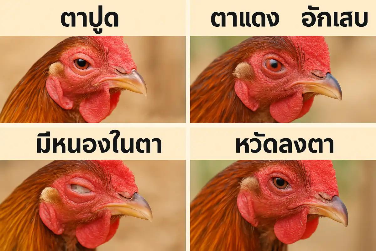 ภาพเปรียบเทียบอาการตาบวมของไก่ 4 แบบ ได้แก่ ตาปูด ตาแดง ตาเป็นหนอง และหวัดลงตา