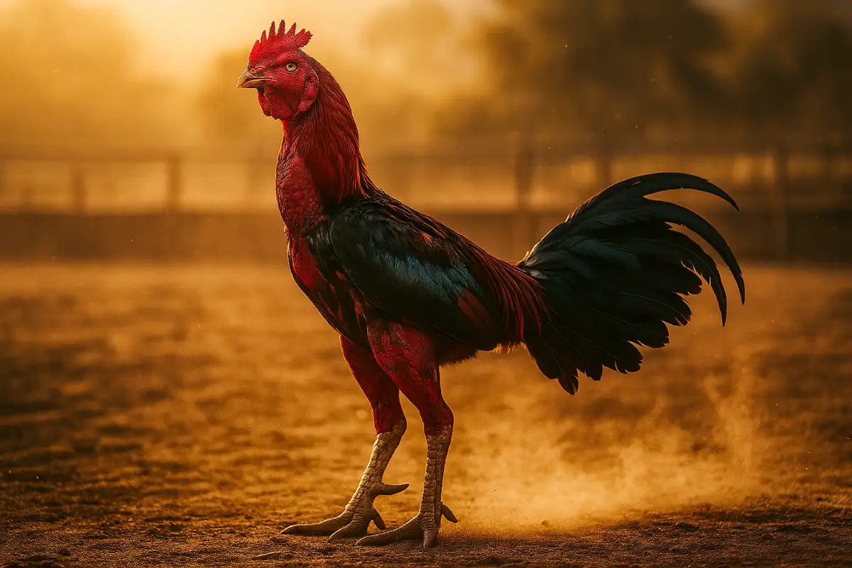 ไก่ชนยืนสง่างามกลางสนามในแสงยามเช้า แสดงถึงหัวใจนักสู้ที่ไม่ยอมแพ้