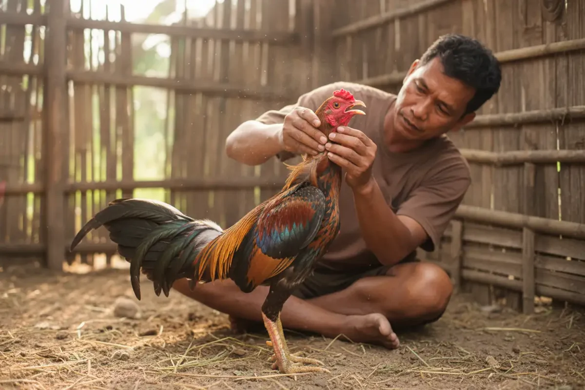 ไก่ชนกำลังมีอาการคอดัง คอครอก ผู้เลี้ยงตรวจดูระบบหายใจบริเวณคอ