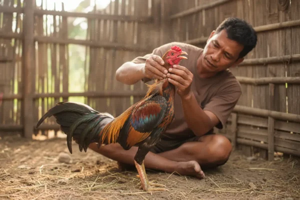 ไก่ชนกำลังมีอาการคอดัง คอครอก ผู้เลี้ยงตรวจดูระบบหายใจบริเวณคอ