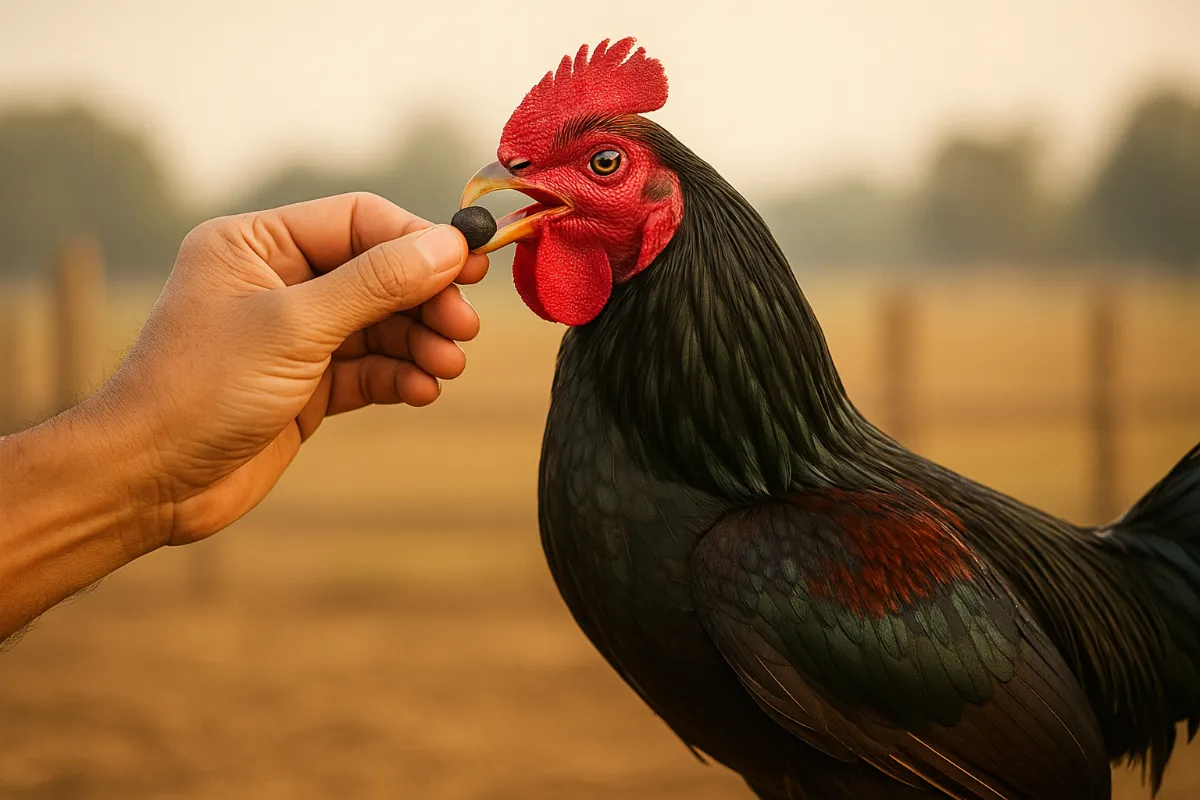 การป้อนลูกกลอนสมุนไพรบำรุงกำลังกระชายดำให้ไก่ชน