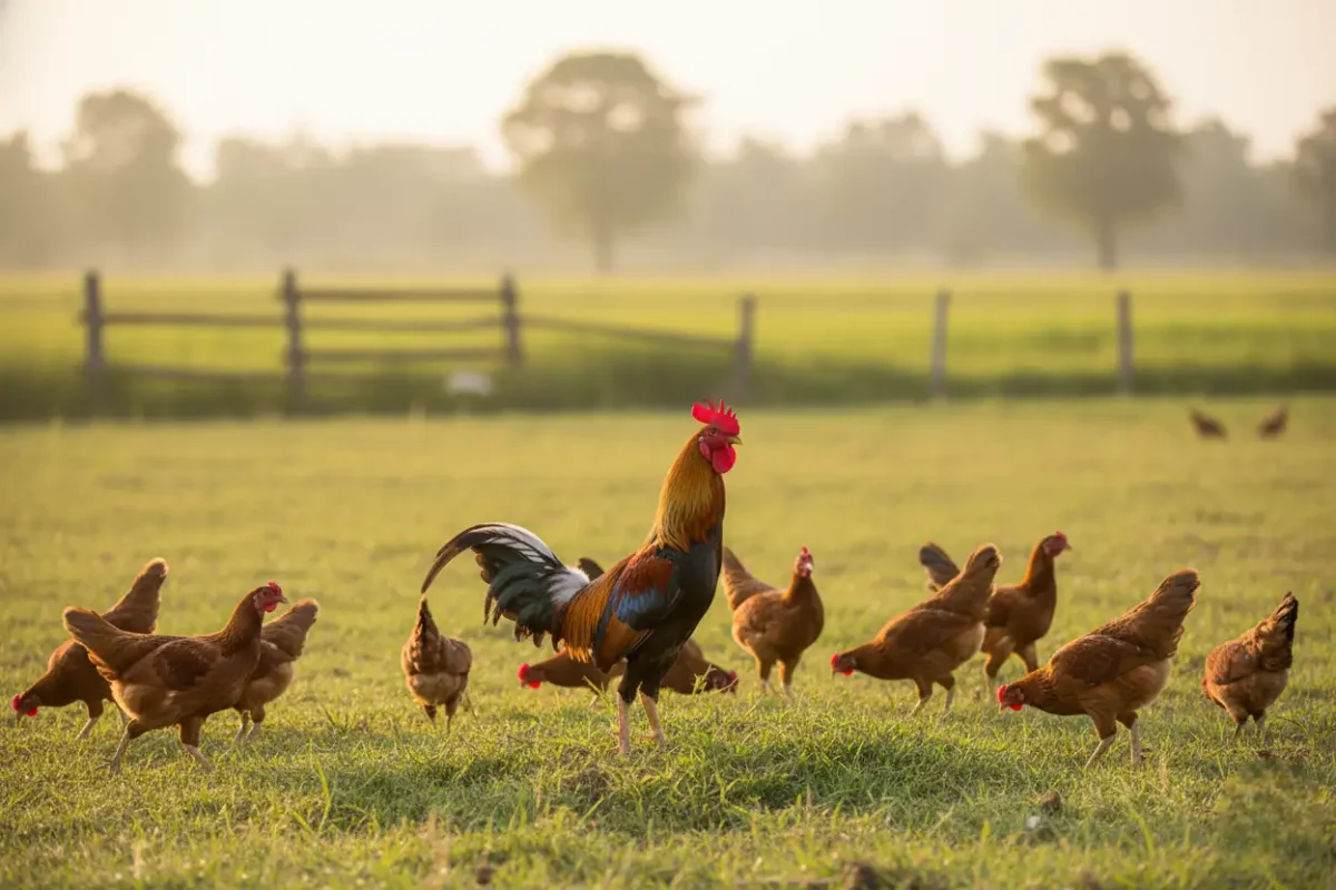 พ่อพันธุ์ไก่ชนคุมฝูงแม่ไก่ในพื้นที่เปิดธรรมชาติ ไก่เดินเล่นอย่างสบาย สื่อถึงการผสมแบบปล่อยฝูง