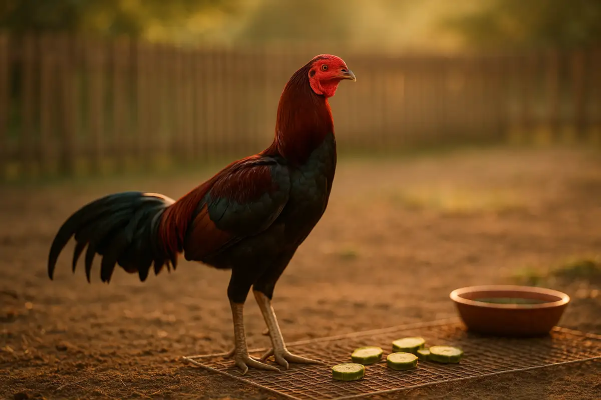 ไก่ชนยืนสง่างามหลังการฝึกซ้อม แสดงถึงสุขภาพที่แข็งแรงจากการบำรุงด้วยสมุนไพรบอระเพ็ด