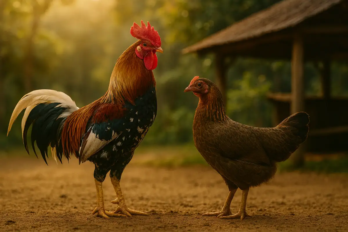 พ่อแม่พันธุ์ไก่ชนยืนอยู่กลางลานดินยามเช้า สื่อถึงจังหวะเวลาทองของการผสมพันธุ์