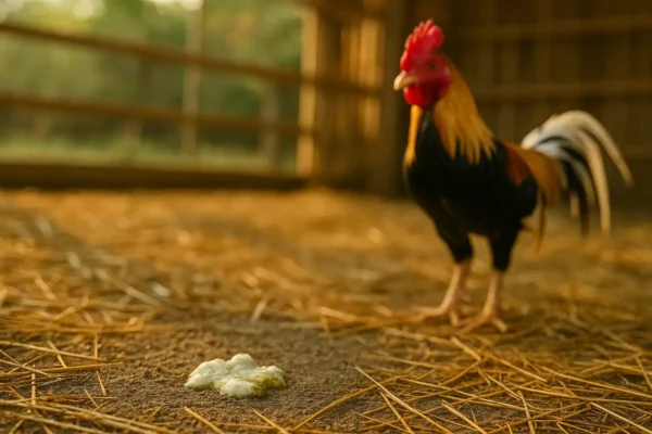 ขี้ไก่ลักษณะเหลวบนพื้นฟางในคอก สื่อถึงสัญญาณเตือนของภาวะท้องเสียในไก่ชน