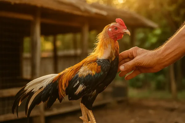 ไก่ชนกำลังผลัดขนในแสงเช้า พร้อมเข็มขนงอกใหม่และมือคนเลี้ยงที่ดูแล