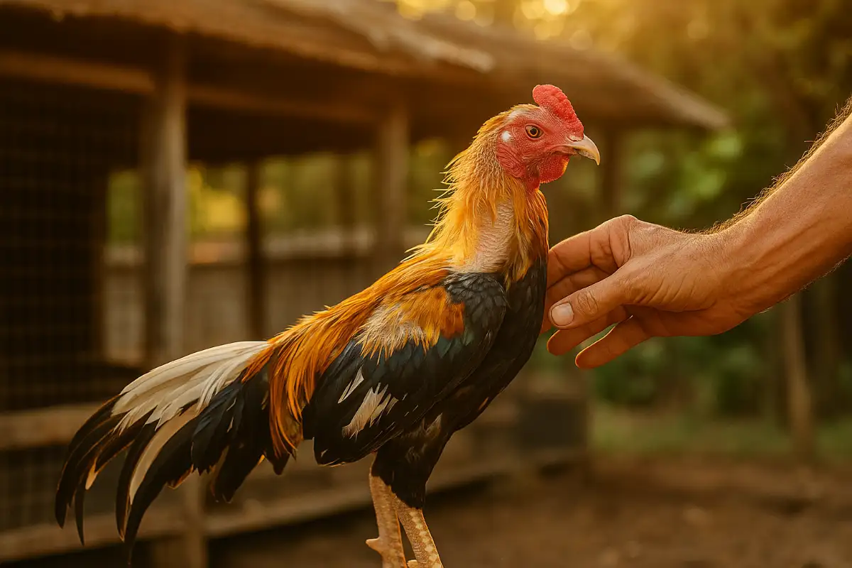 ไก่ชนกำลังผลัดขนในแสงเช้า พร้อมเข็มขนงอกใหม่และมือคนเลี้ยงที่ดูแล