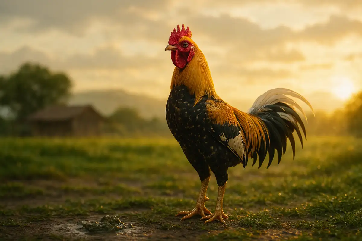 ไก่ชนยืนสง่างามกลางแสงเย็นหลังฟื้นตัวจากอาการท้องเสีย สื่อถึงการกลับมาของพลังชีวิตและความแข็งแรง