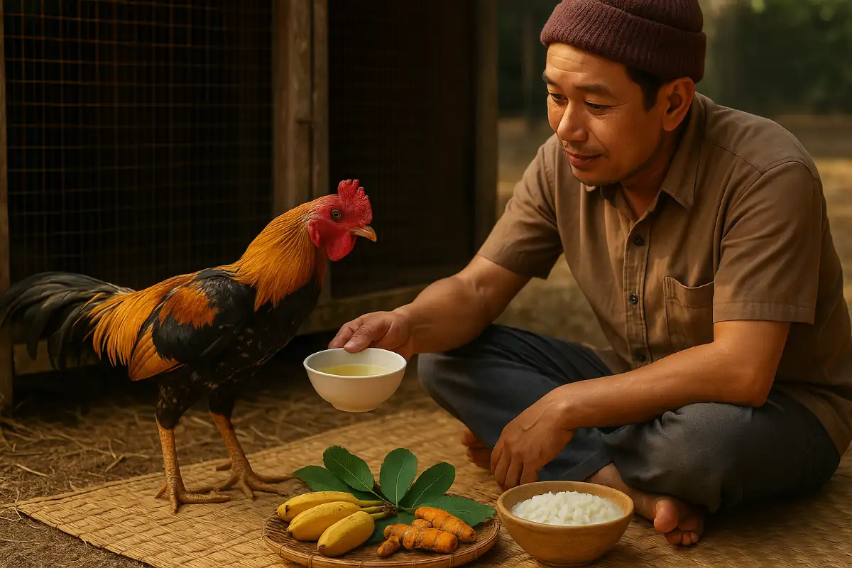 ชายชาวบ้านให้น้ำเกลือแร่และอาหารอ่อน เช่น กล้วยน้ำว้า ข้าวต้ม แก่ไก่ชนที่กำลังฟื้นตัวจากอาการท้องเสีย