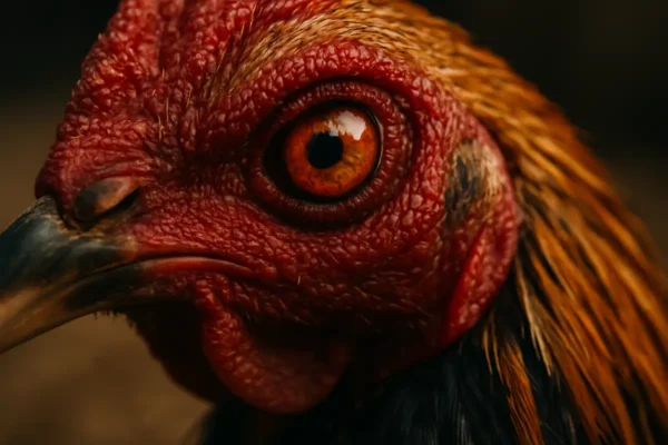 ไก่ชนตาบวมข้างหนึ่ง มุมใกล้ แสดงอาการอักเสบที่เปลือกตา