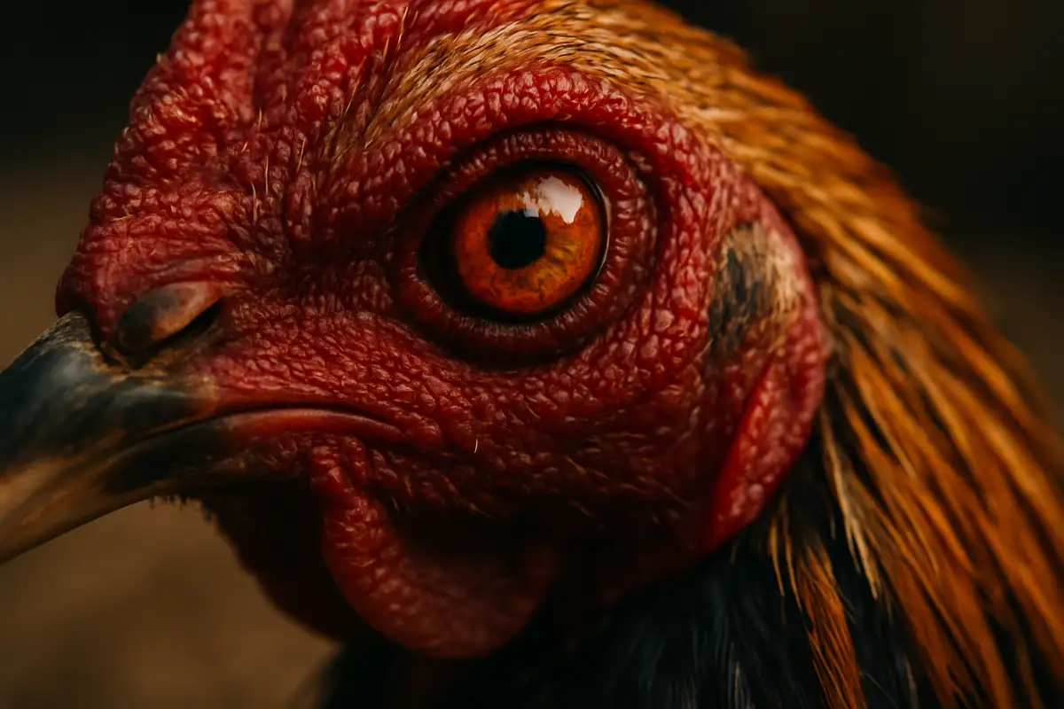 ไก่ชนตาบวมข้างหนึ่ง มุมใกล้ แสดงอาการอักเสบที่เปลือกตา