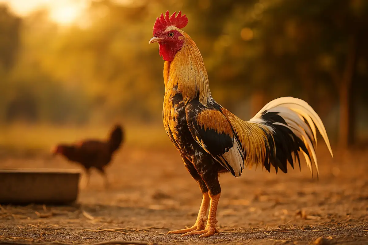 พ่อพันธุ์ไก่ชนยืนสง่างามในแสงเช้ายามทอง แสดงถึงช่วงอายุทอง 10–12 เดือนที่พร้อมผสมพันธุ์ที่สุด