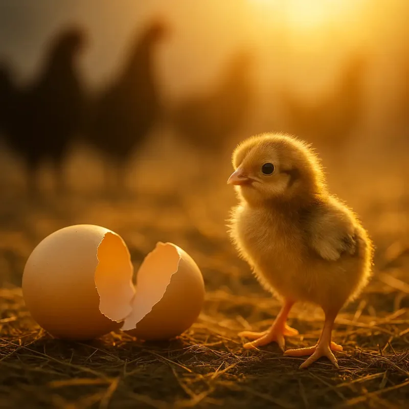 ลูกไก่ชนฟักออกจากไข่ในแสงทองอ่อน สื่อถึงช่วงเวลาทองของการเพาะพันธุ์ที่ให้กำเนิดชีวิตใหม่
