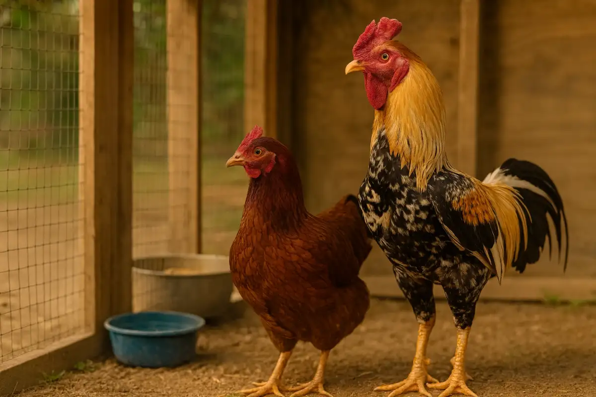 พ่อพันธุ์และแม่พันธุ์ไก่ชนสุขภาพดี ยืนอยู่ในซุ้มสะอาดก่อนการผสมพันธุ์