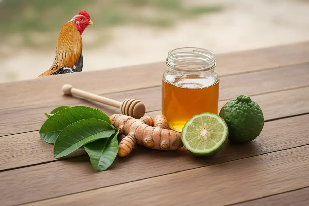 สมุนไพรสำหรับรักษาอาการตาบวมของไก่ เช่น ขมิ้นสด น้ำผึ้ง ใบฝรั่ง และน้ำมะกรูด