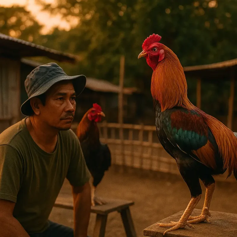 ชายเลี้ยงไก่ชนกำลังพิจารณาเลือกคู่ผสมในแสงเย็น สื่อถึงการตัดสินใจเรื่องการผสมเลือดชิดอย่างรอบคอบ