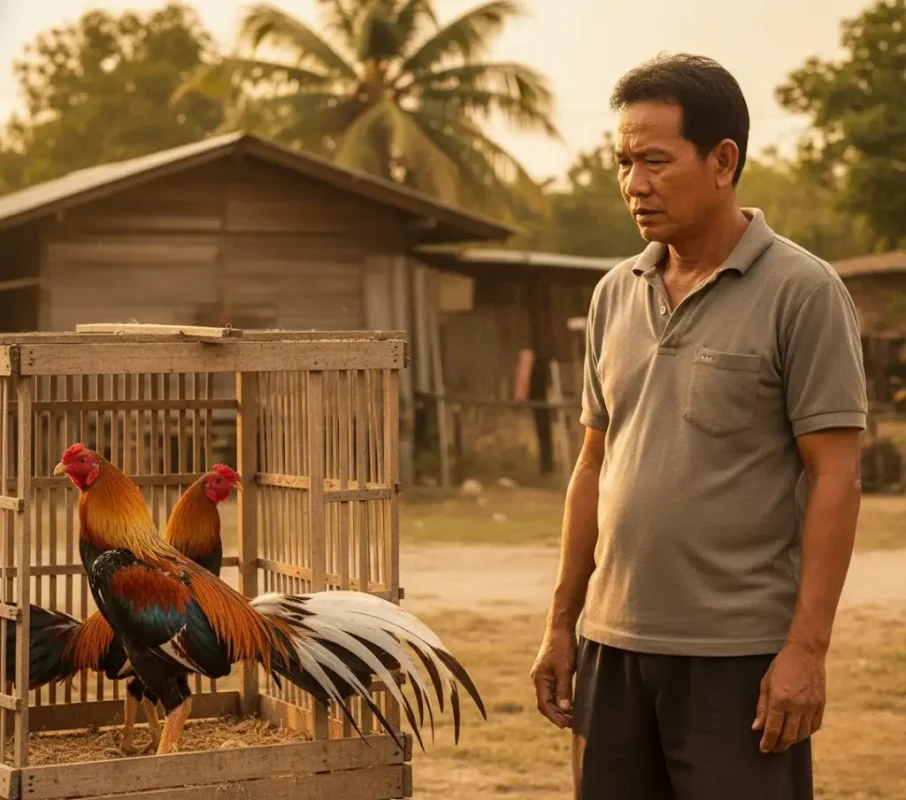 ชายเลี้ยงไก่ชนกำลังพิจารณาเลือกคู่ผสมในแสงเย็น สื่อถึงการตัดสินใจเรื่องการผสมเลือดชิดอย่างรอบคอบ