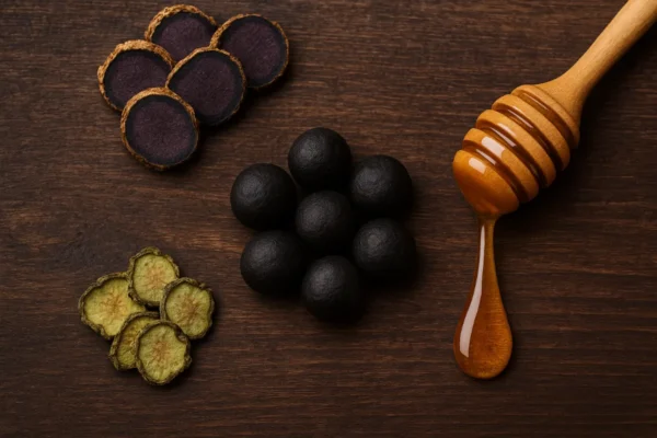 ลูกกลอนสมุนไพรไก่ชนสูตรกระชายดำ บอระเพ็ด และน้ำผึ้ง วางบนโต๊ะไม้