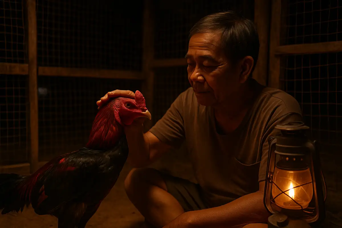 คนเลี้ยงไก่แตะหัวไก่เบา ๆ ใต้แสงตะเกียงในคืนก่อนวันชน สื่อถึงความผูกพันและการปลุกใจนักสู้