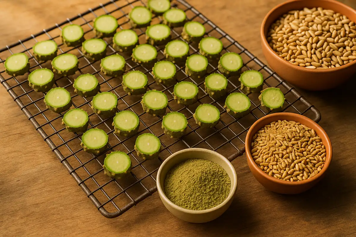 เถาบอระเพ็ดหั่นบางตากแดด และผงบอระเพ็ดบดละเอียด เตรียมผสมในอาหารไก่ชน