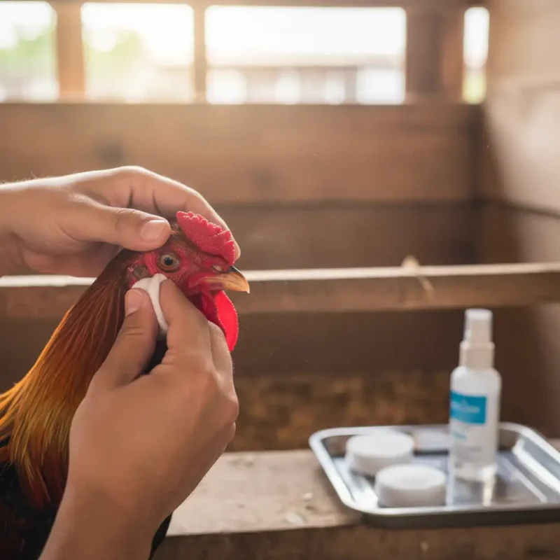 มือผู้เลี้ยงกำลังล้างตาไก่ชนด้วยน้ำเกลือเพื่อรักษาอาการตาบวม