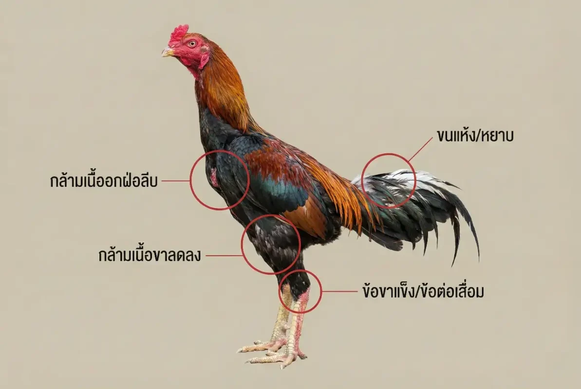 ภาพสรีรวิทยาแสดงจุดเสื่อมของไก่ชนสูงวัย เช่น กล้ามเนื้อลดลงและข้อเสื่อม