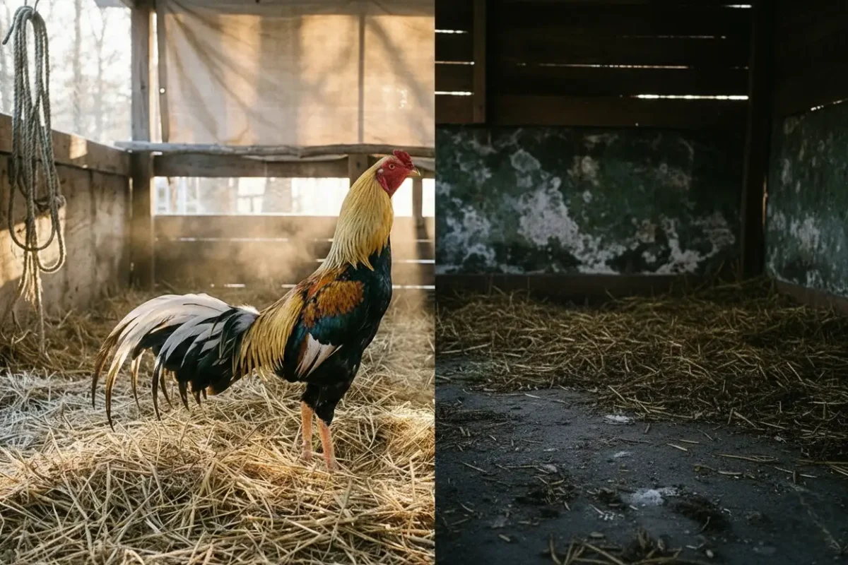 ตัวอย่างพื้นโรงเรือนไก่ชนแบบแห้งและแบบชื้นที่ต้องระวังเชื้อรา