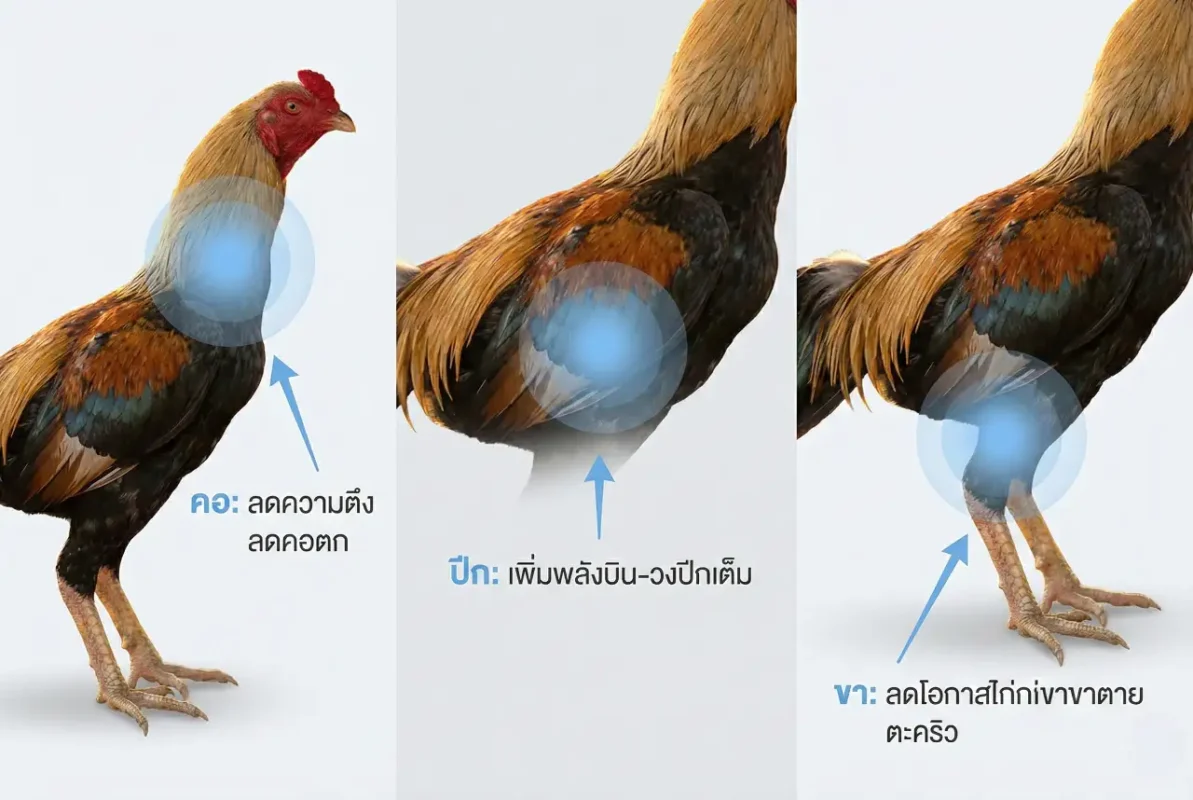 จุดสำคัญของการนวดไก่ชน ได้แก่ คอ ปีก และขา เพื่อช่วยคลายเส้นและลดการบาดเจ็บ