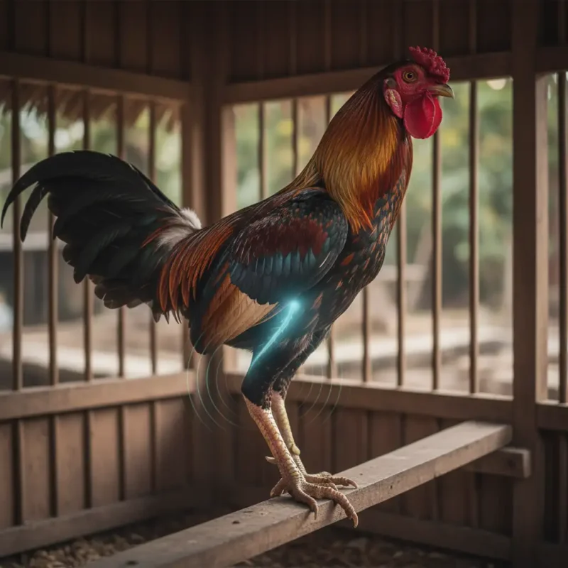 ไก่ชนยืนไม่มั่นคงเพราะระบบประสาทเสียสมดุล ทำให้เกิดอาการขาสั่น