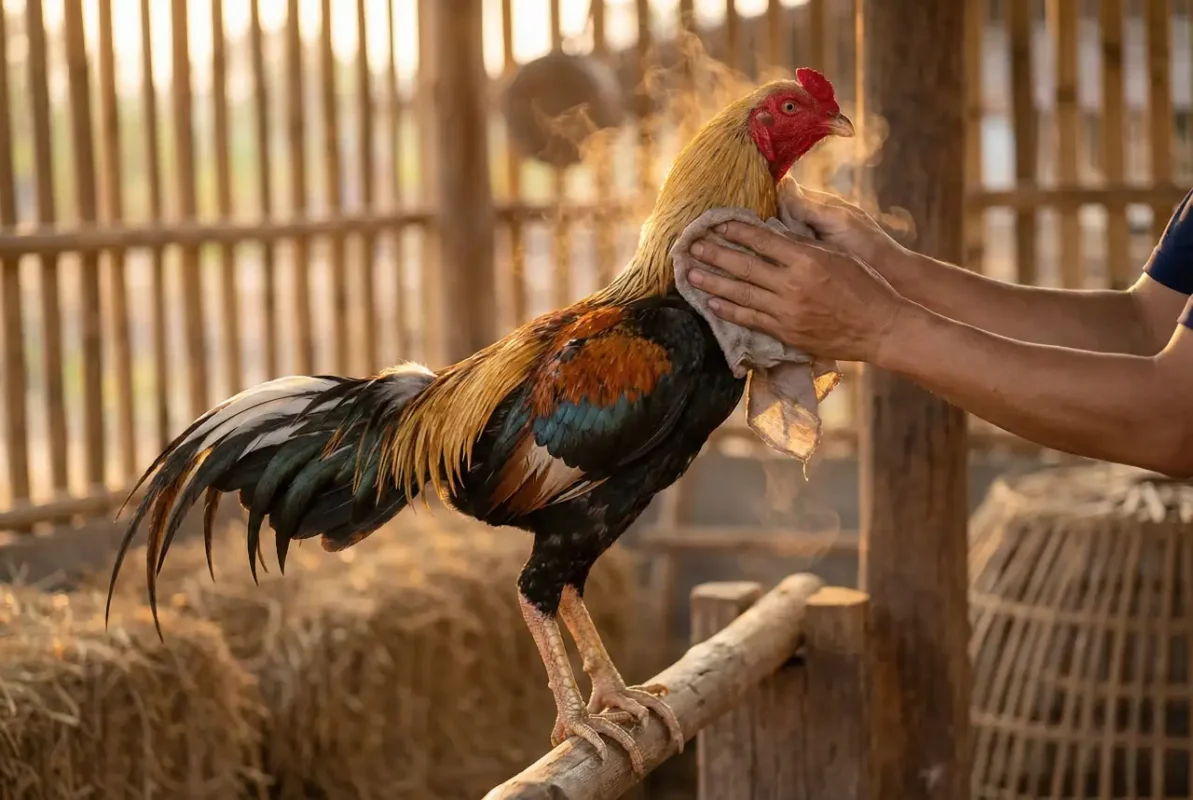 การนวดไก่ชนหลังซ้อมเพื่อคลายกล้ามเนื้อและช่วยฟื้นฟูร่างกาย