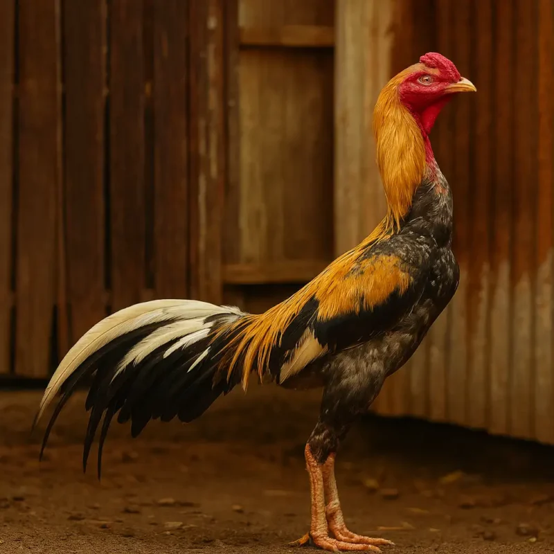 ไก่ชนที่มีอาการผอมและอกแหลม ยืนในเล้าแบบพื้นบ้าน