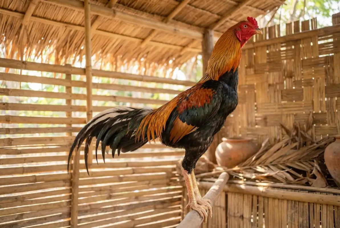 ไก่ชนที่มีอาการผอมและอกแหลม ยืนในเล้าแบบพื้นบ้าน