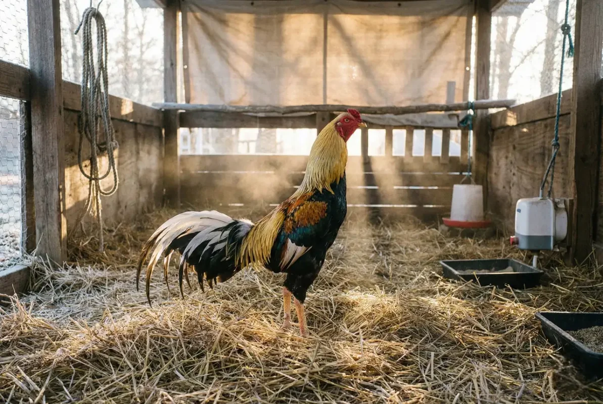 ไก่ชนในโรงเรือนหน้าหนาวพร้อมการป้องกันลมและความชื้น
