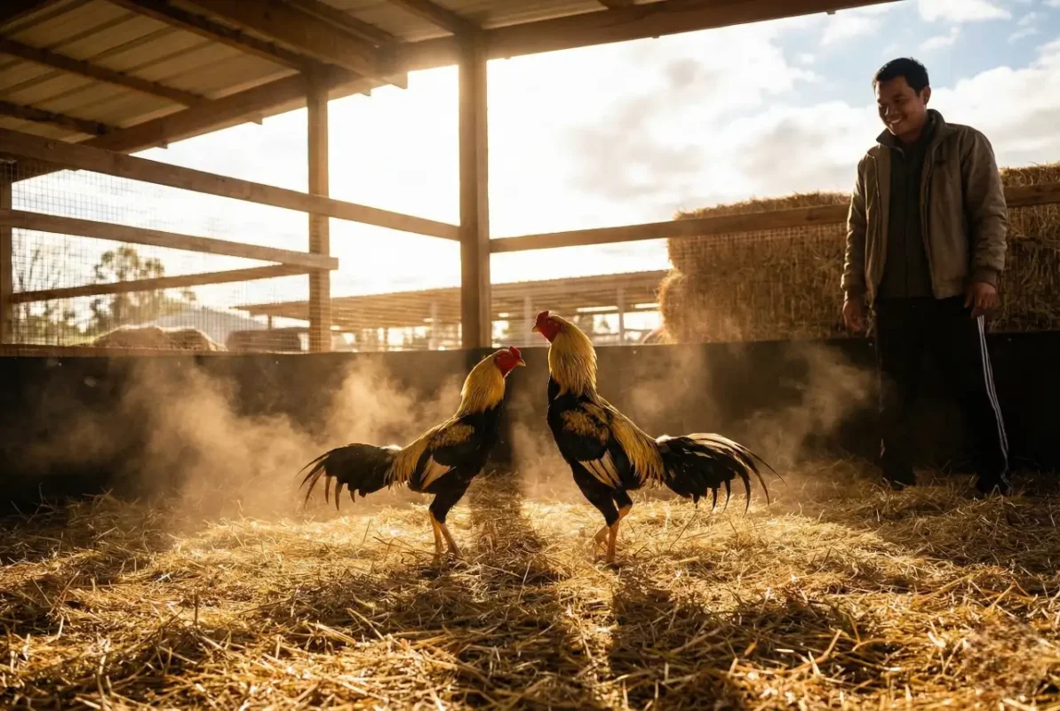 ไก่ชนกำลังซ้อมในช่วงแดดอุ่นที่สุดของวันเพื่อหลีกเลี่ยงอากาศเย็น