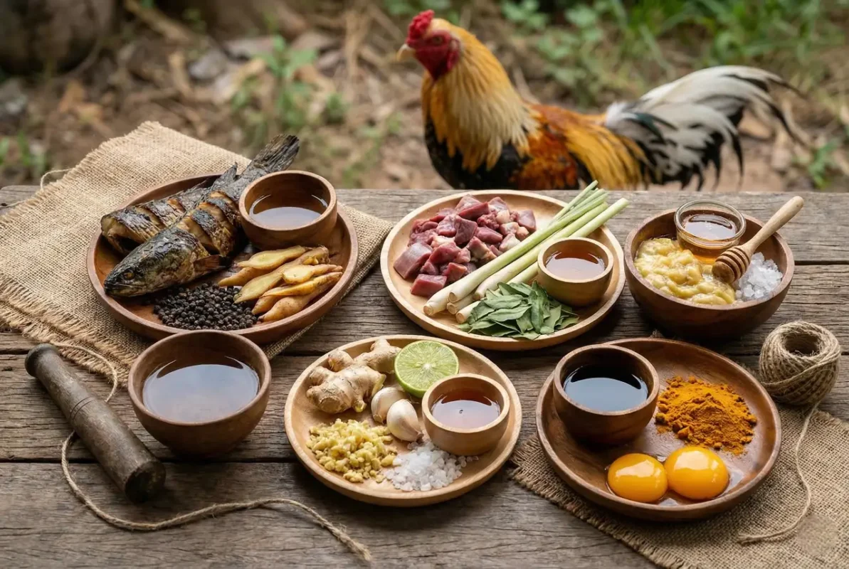 สมุนไพรโด๊ปไก่ชนแบบจัดวางรวม 5 สูตรบนพื้นไม้ พร้อมไก่ชนด้านหลัง