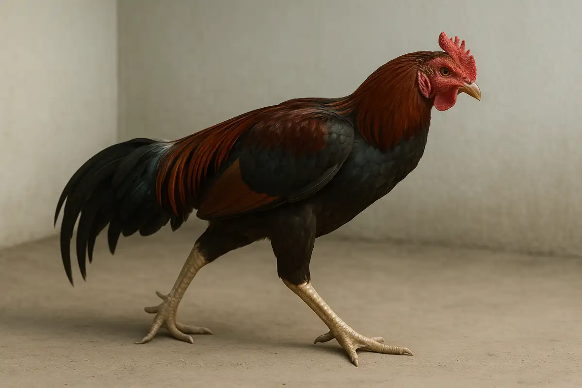 ไก่ชนยืนท่าขาเหยียดผิดรูป ลักษณะที่พบในโรคมาร์เร็กและโรคติดเชื้อที่ทำให้ขาอ่อน