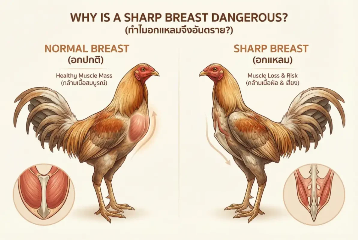 เปรียบเทียบไก่ชนปกติกับไก่ชนที่มีอาการอกแหลม
