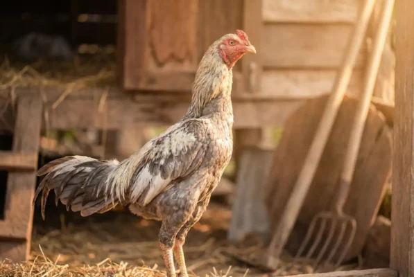 ไก่ชนแก่ยืนสง่างามในเล้า แสดงถึงความแข็งแกร่งในบั้นปลายชีวิต